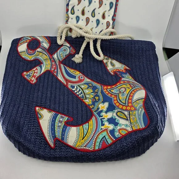 Vera Bradley Navy Straw Anchor Beach Tote - Picture 4 of 8